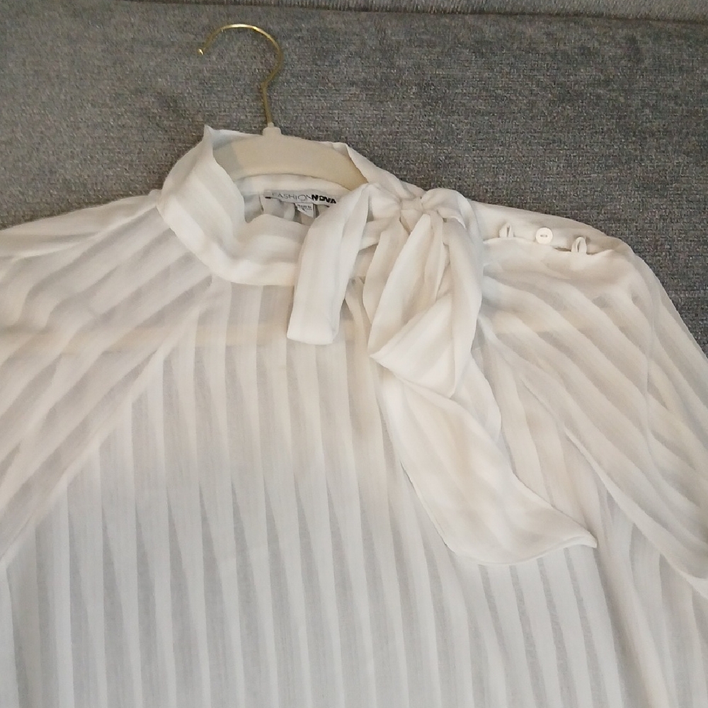 Cream Ribbed Long Sleeve Blouse with Tie Front